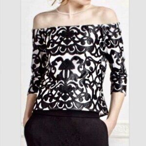 Anne Fontaine Roselita 3/4 Sleeve Black Applique w Sheer White Net  Eu 42/US 10